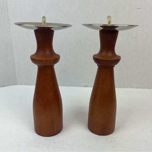 MCM style teak wood 10” pillar candlestick set(2) - Picture 2 of 11